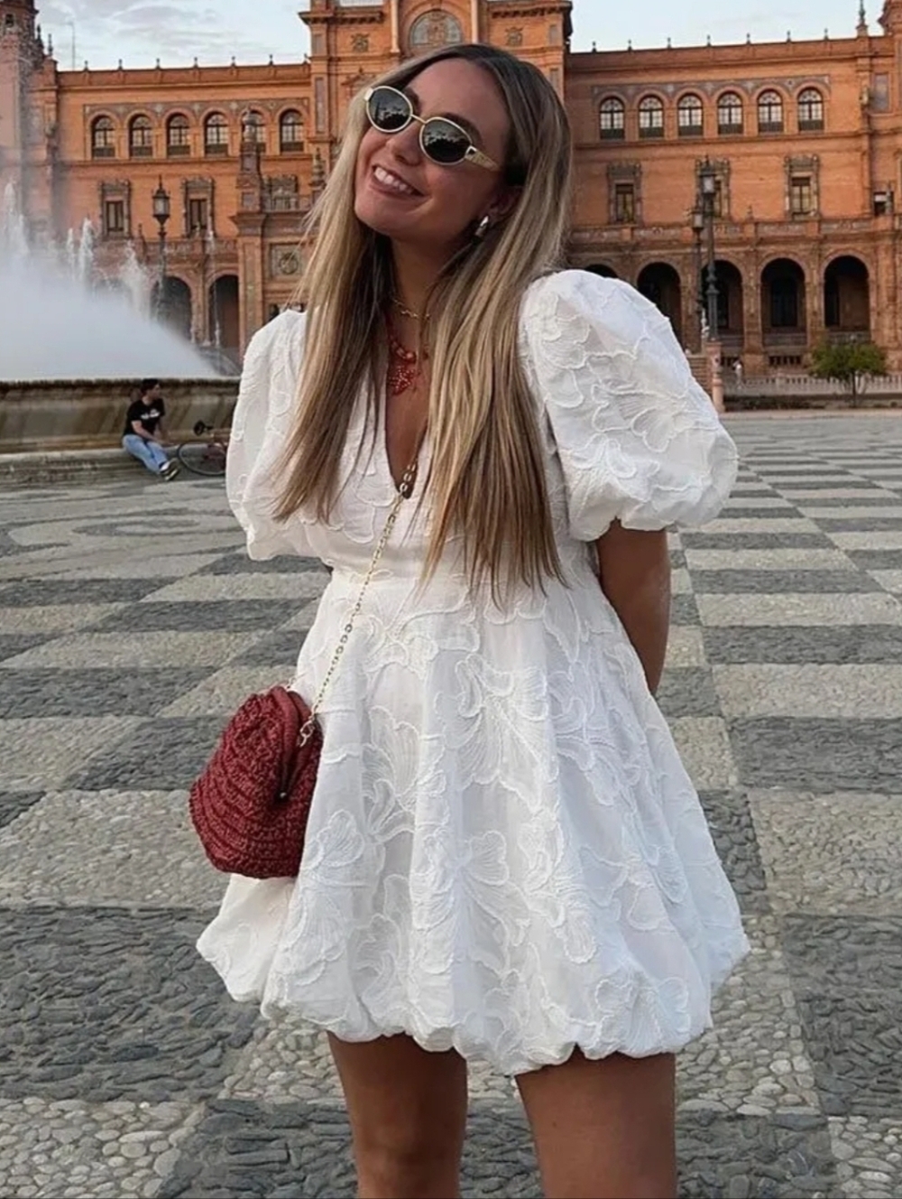 XL ZARA White Embroidered Balloon Mini VOLUMINOUS Dress Oyster-white